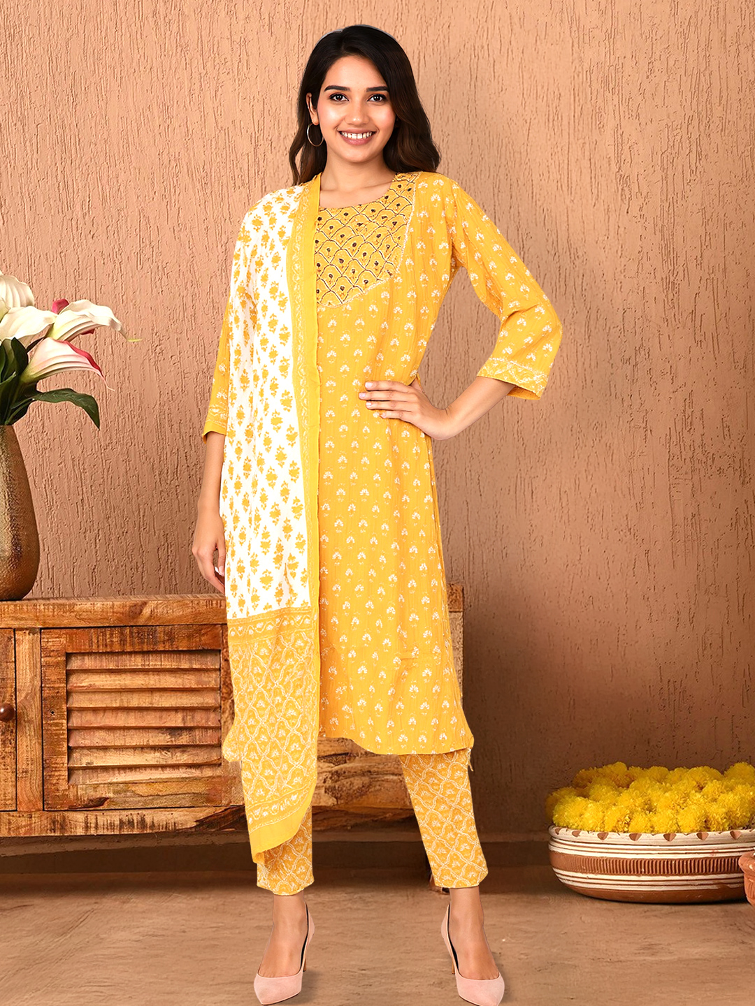 Picture of Bright Floral Printed Kurta with Pant & Dupatta Set